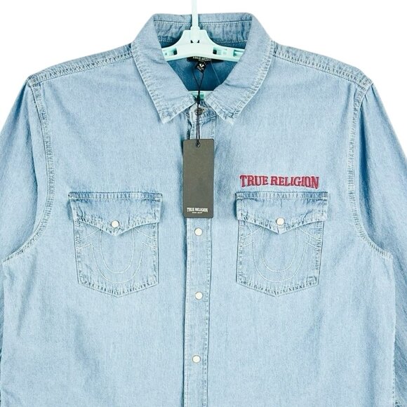 TRUE RELIGION Men's Chambray Long Sleeve Blue Western Pearl Snap Shirt Sz XL NWT - Picture 3 of 14